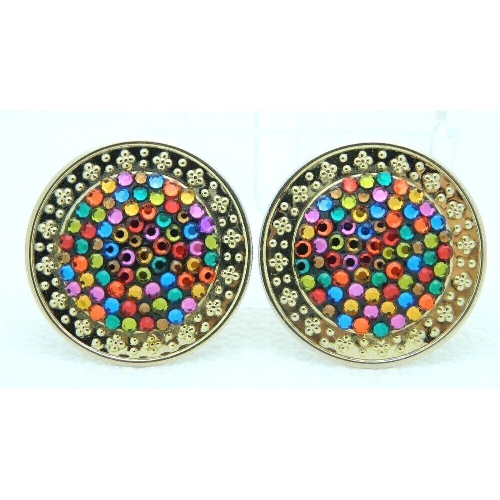 Vtg Bellini By Formart Gold Tone Multi-Color Crystal Rhinestone Disc Earrings